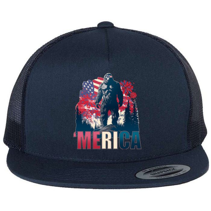 Patriotic Merica Bigfoot Sasquatch Flat Bill Trucker Hat