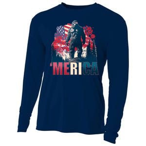 Patriotic Merica Bigfoot Sasquatch Cooling Performance Long Sleeve Crew