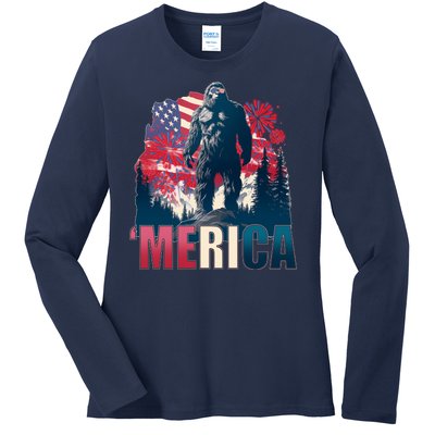 Patriotic Merica Bigfoot Sasquatch Ladies Long Sleeve Shirt