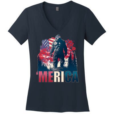 Patriotic Merica Bigfoot Sasquatch Women's V-Neck T-Shirt