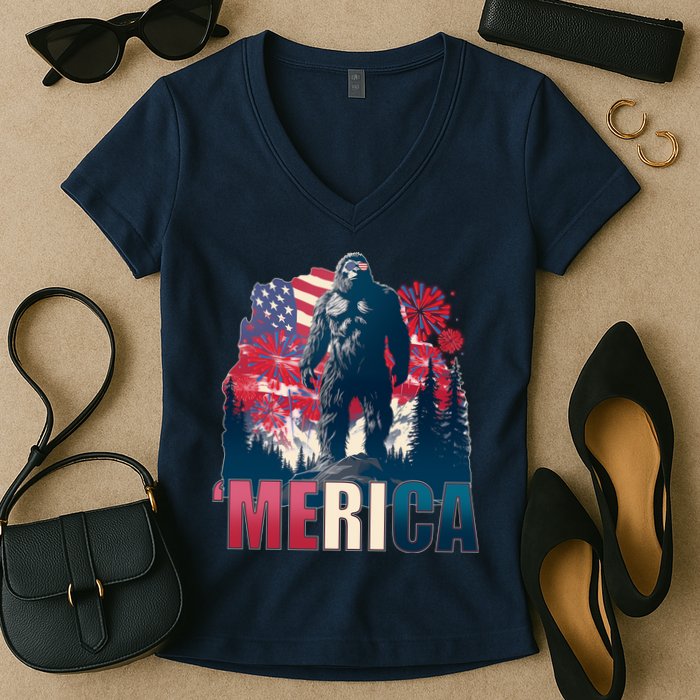 Patriotic Merica Bigfoot Sasquatch Women's V-Neck T-Shirt
