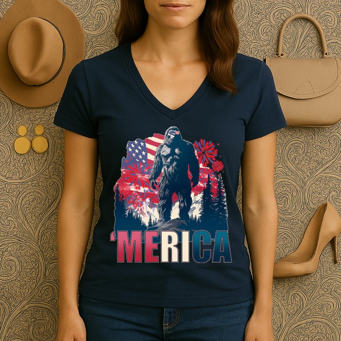 Patriotic Merica Bigfoot Sasquatch Women's V-Neck T-Shirt