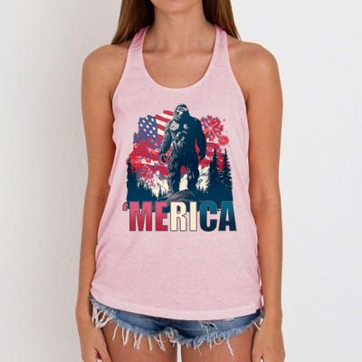 Patriotic Merica Bigfoot Sasquatch Women's Knotted Racerback Tank