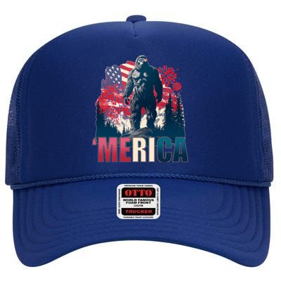 Patriotic Merica Bigfoot Sasquatch High Crown Mesh Back Trucker Hat