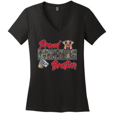Proud Marine Brother Personalize Dog Tags Women's V-Neck T-Shirt
