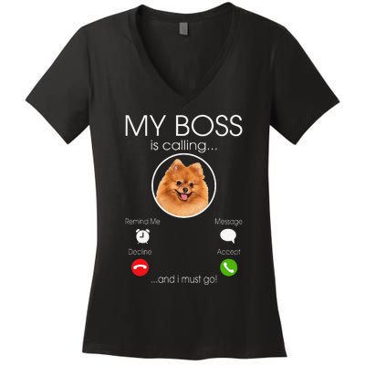 Pomeranian My Boss Women's V-Neck T-Shirt