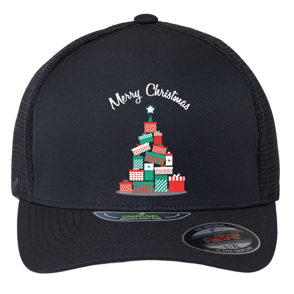 Present Merry Christmas Tree Flexfit Unipanel Trucker Cap