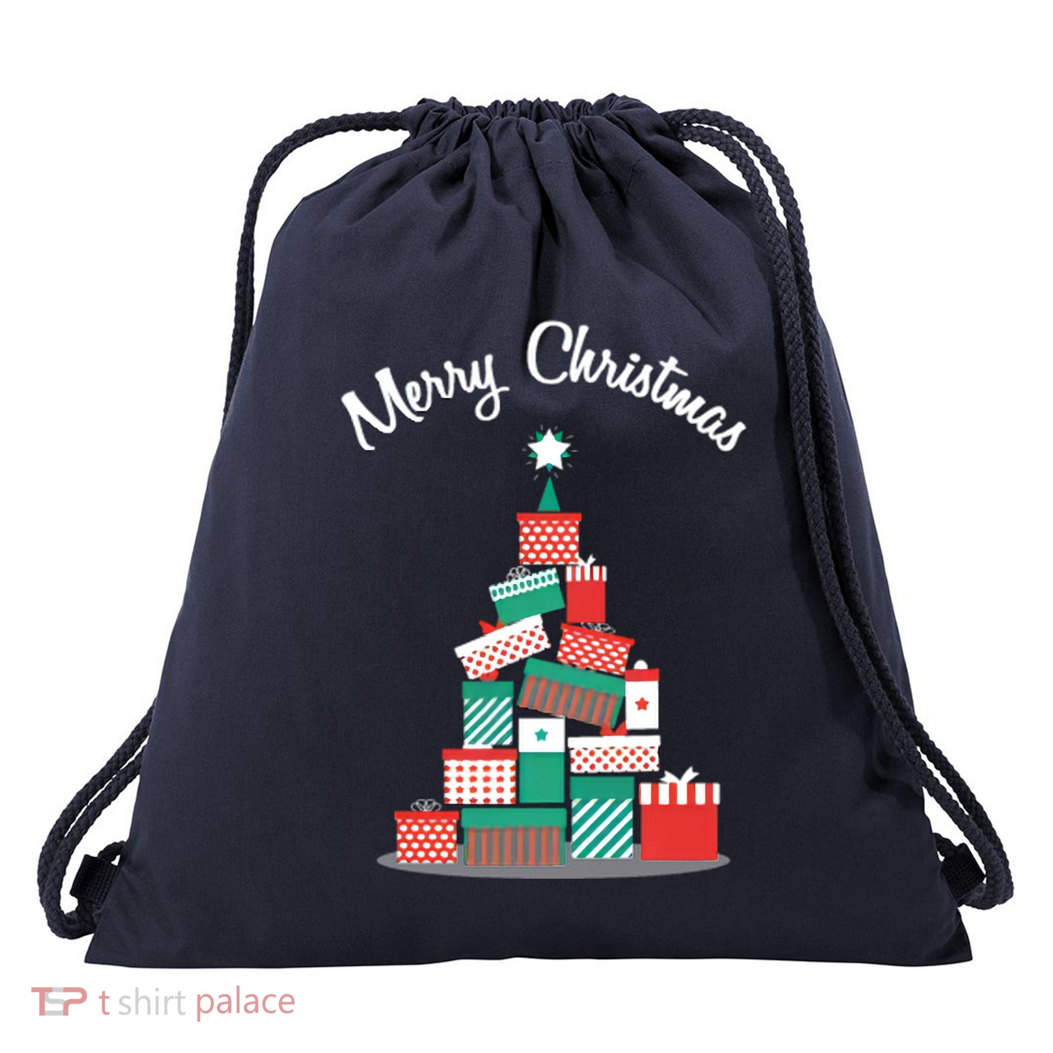 Present Merry Christmas Tree Drawstring Bag