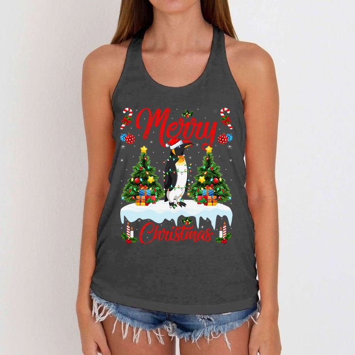 Penguin Merry Christmas Tree Lighting Emperor Penguin Xmas Women's Knotted Racerback Tank