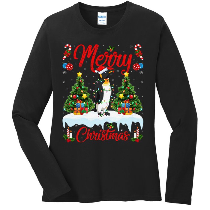 Penguin Merry Christmas Tree Lighting Emperor Penguin Xmas Ladies Long Sleeve Shirt