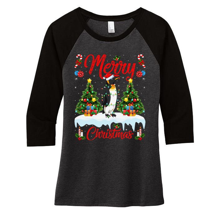 Penguin Merry Christmas Tree Lighting Emperor Penguin Xmas Women's Tri-Blend 3/4-Sleeve Raglan Shirt