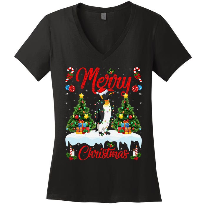 Penguin Merry Christmas Tree Lighting Emperor Penguin Xmas Women's V-Neck T-Shirt