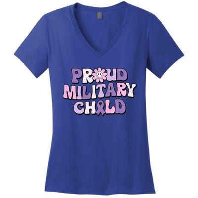 Proud Military Child Groovy Purple Up for Military Women's V-Neck T-Shirt