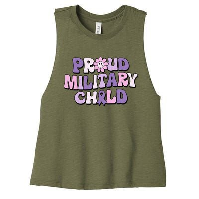 Proud Military Child Groovy Purple Up for Military Women's Racerback Cropped Tank