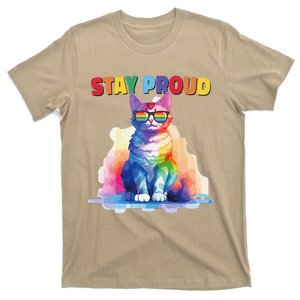 Pride Month Cat Stay Proud Gay Flag Sunglasses Pride Day T-Shirt