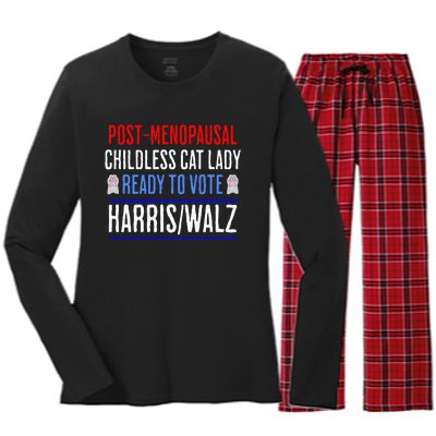 Post Menopausal Childless Cat Lady Ready To Vote Kamala Women's Long Sleeve Flannel Pajama Set 