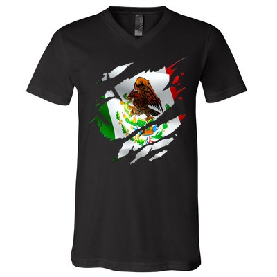 Proud Mexican Chicano Latino Torn Ripped Mexico Flag V-Neck T-Shirt