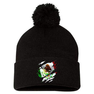 Proud Mexican Chicano Latino Torn Ripped Mexico Flag Pom Pom 12in Knit Beanie