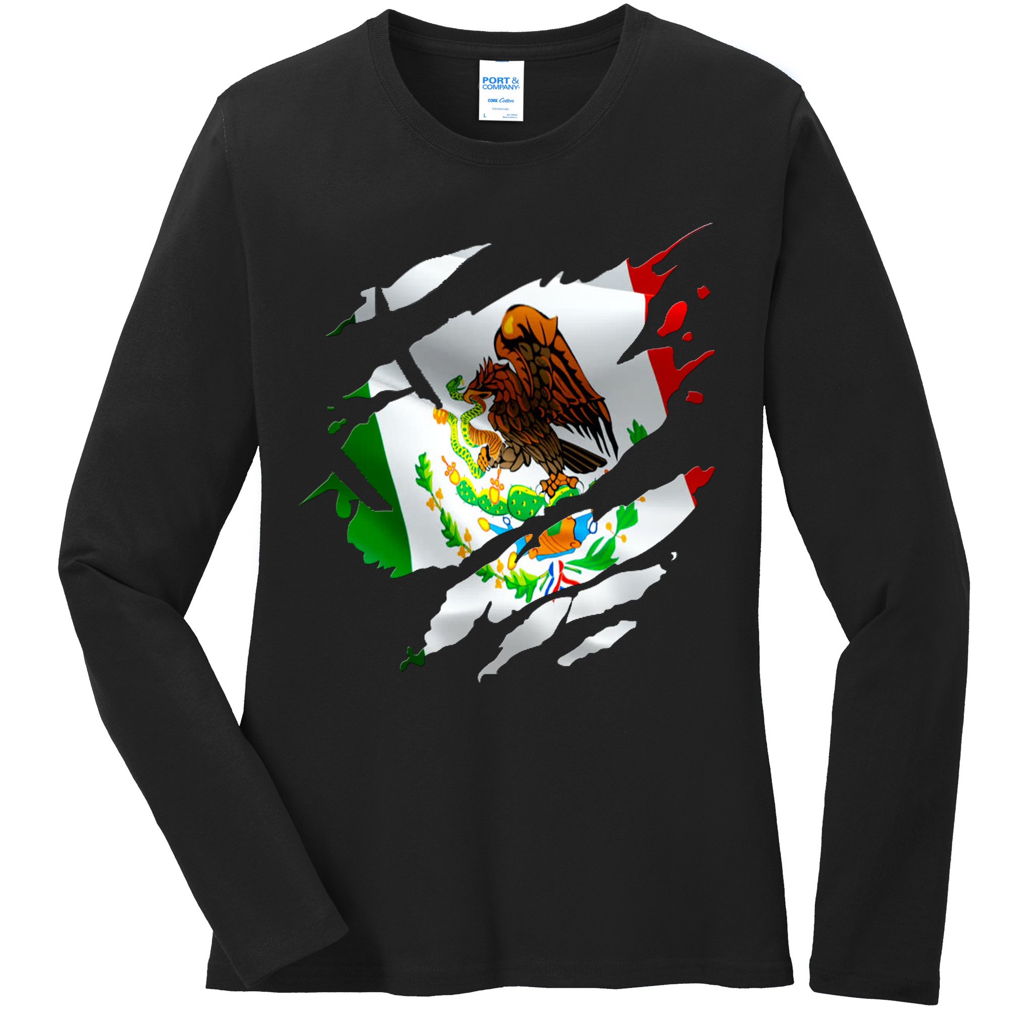 Proud Mexican Chicano Latino Torn Ripped Mexico Flag Ladies Long Sleeve Shirt