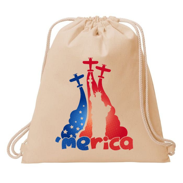 Patriotic Merica Classic Airplane Airshow Statue Of Liberty Drawstring Bag