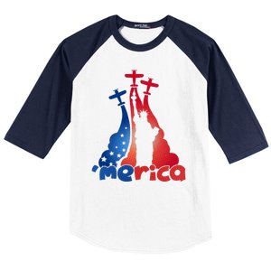 Patriotic Merica Classic Airplane Airshow Statue Of Liberty Baseball Sleeve Shirt