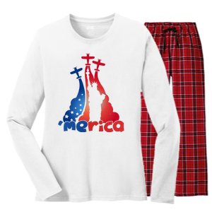 Patriotic Merica Classic Airplane Airshow Statue Of Liberty Women's Long Sleeve Flannel Pajama Set 