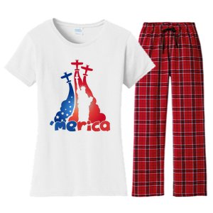 Patriotic Merica Classic Airplane Airshow Statue Of Liberty Women's Flannel Pajama Set