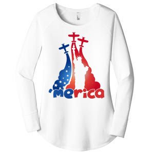 Patriotic Merica Classic Airplane Airshow Statue Of Liberty Women's Perfect Tri Tunic Long Sleeve Shirt