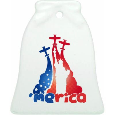 Patriotic Merica Classic Airplane Airshow Statue Of Liberty Ceramic Bell Ornament