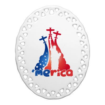 Patriotic Merica Classic Airplane Airshow Statue Of Liberty Ceramic Oval Ornament