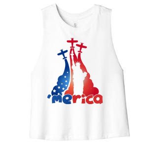 Patriotic Merica Classic Airplane Airshow Statue Of Liberty Women's Racerback Cropped Tank