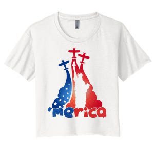 Patriotic Merica Classic Airplane Airshow Statue Of Liberty Women's Crop Top Tee