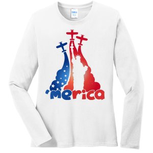 Patriotic Merica Classic Airplane Airshow Statue Of Liberty Ladies Long Sleeve Shirt