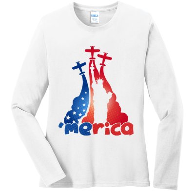 Patriotic Merica Classic Airplane Airshow Statue Of Liberty Ladies Long Sleeve Shirt