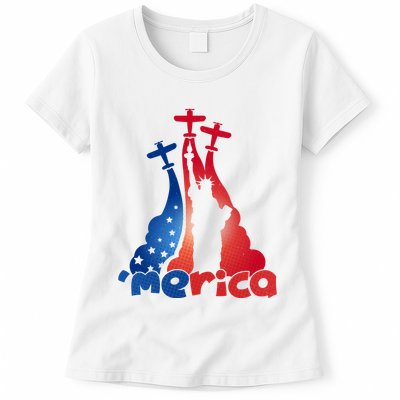 Patriotic Merica Classic Airplane Airshow Statue Of Liberty Womens T-Shirt