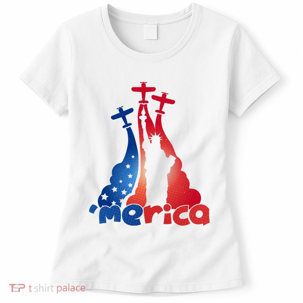 Patriotic Merica Classic Airplane Airshow Statue Of Liberty Womens T-Shirt