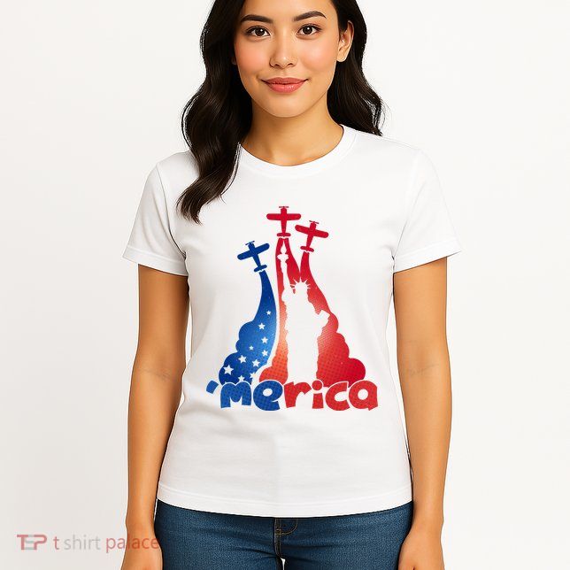 Patriotic Merica Classic Airplane Airshow Statue Of Liberty Womens T-Shirt