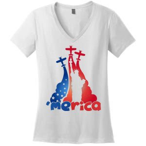 Patriotic Merica Classic Airplane Airshow Statue Of Liberty Women's V-Neck T-Shirt