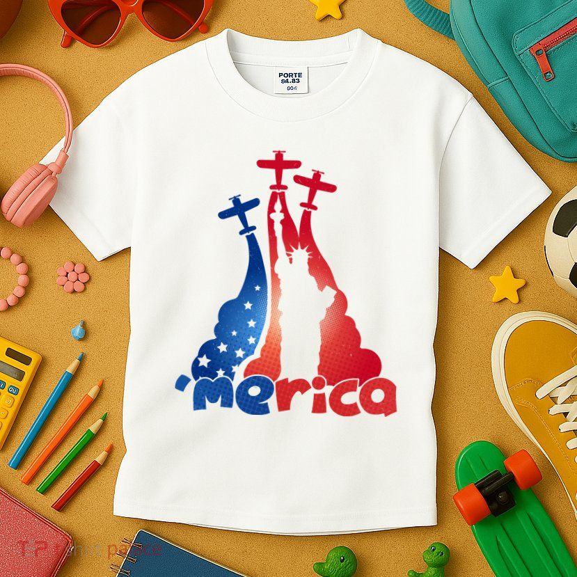 Patriotic Merica Classic Airplane Airshow Statue Of Liberty Kids T-Shirt