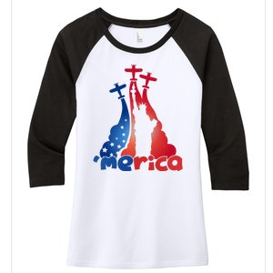 Patriotic Merica Classic Airplane Airshow Statue Of Liberty Women's Tri-Blend 3/4-Sleeve Raglan Shirt