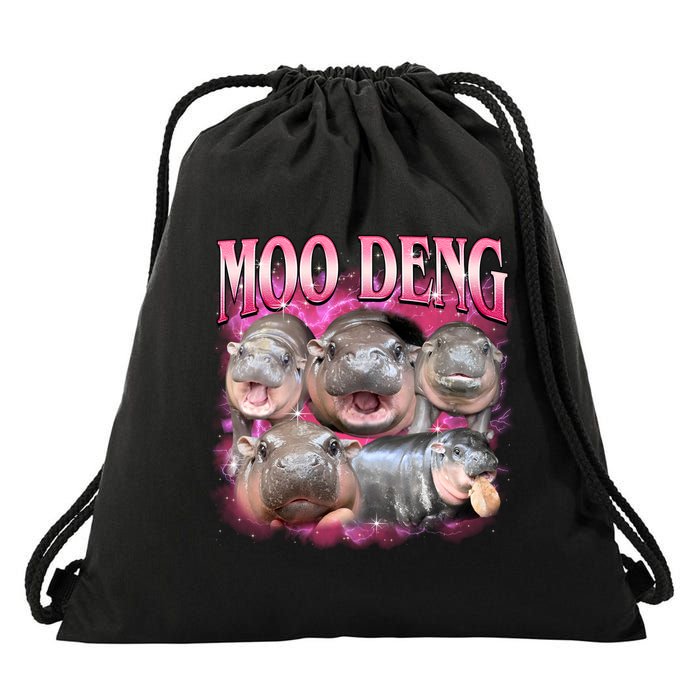 Pink Moo Deng Meme Hippo Funny Drawstring Bag