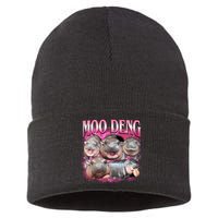 Pink Moo Deng Meme Hippo Funny Sustainable Knit Beanie