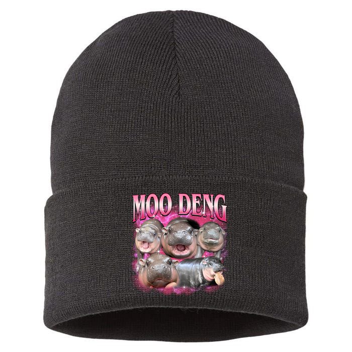 Pink Moo Deng Meme Hippo Funny Sustainable Knit Beanie