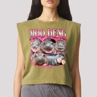 Pink Moo Deng Meme Hippo Funny Garment-Dyed Women's Muscle Tee