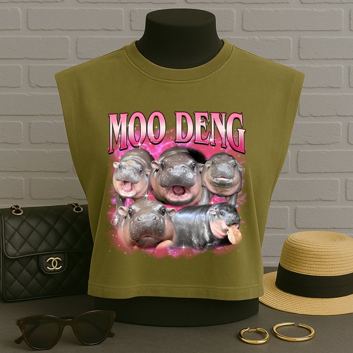 Pink Moo Deng Meme Hippo Funny Garment-Dyed Women's Muscle Tee