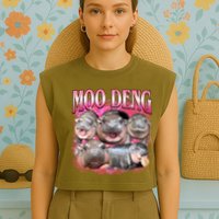Pink Moo Deng Meme Hippo Funny Garment-Dyed Women's Muscle Tee