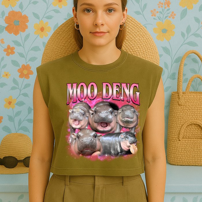 Pink Moo Deng Meme Hippo Funny Garment-Dyed Women's Muscle Tee