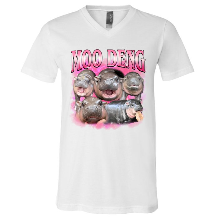 Pink Moo Deng Meme Hippo Funny V-Neck T-Shirt