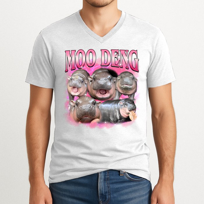 Pink Moo Deng Meme Hippo Funny V-Neck T-Shirt