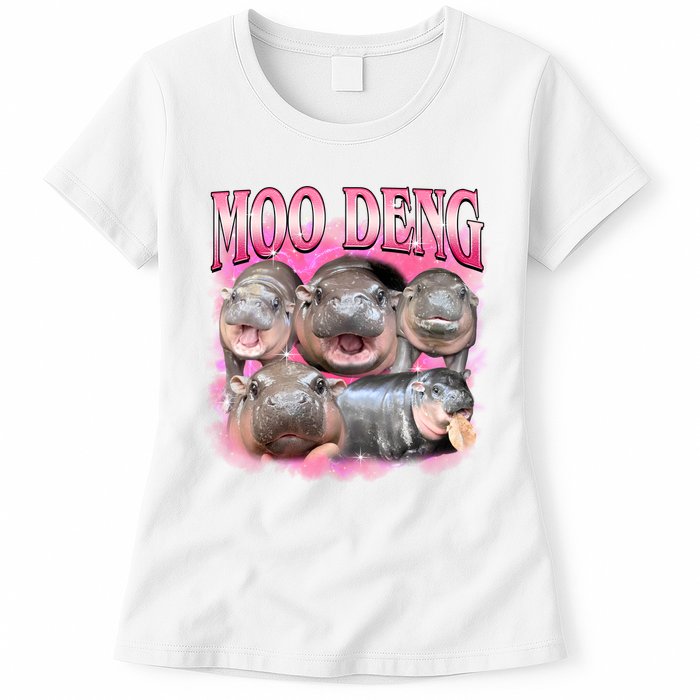 Pink Moo Deng Meme Hippo Funny Womens T-Shirt